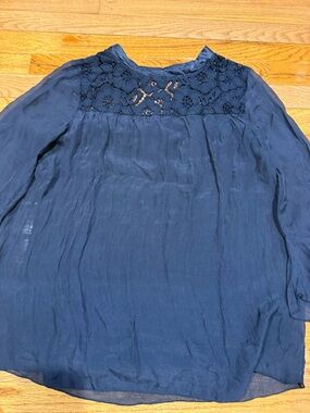 Navy Crochet Yoke Peasant Blouse by Nicole. Small.Made in ITALY-Great condition